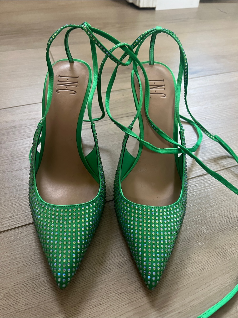 INC International Concepts Green Embellished Pointed-Toe Lace-Up Pumps
